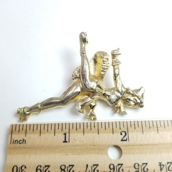 Vintage Figure Skater or Roller Skating Bonny Girl Brooch, Gold Tone Lapel Pin - Picture 7 of 8
